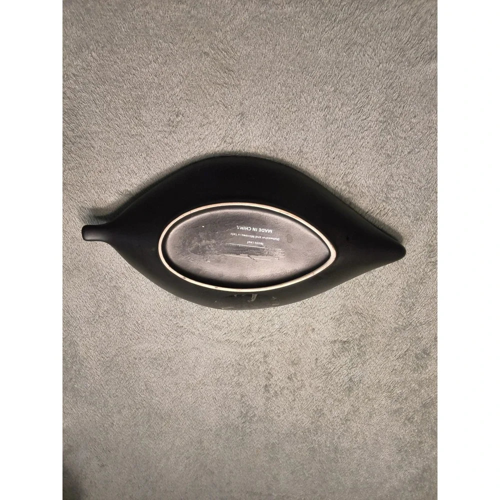Taupe Leaf Ceramic Serving Dish Crackle Glaze Tan Black 12.5 Inch Platter